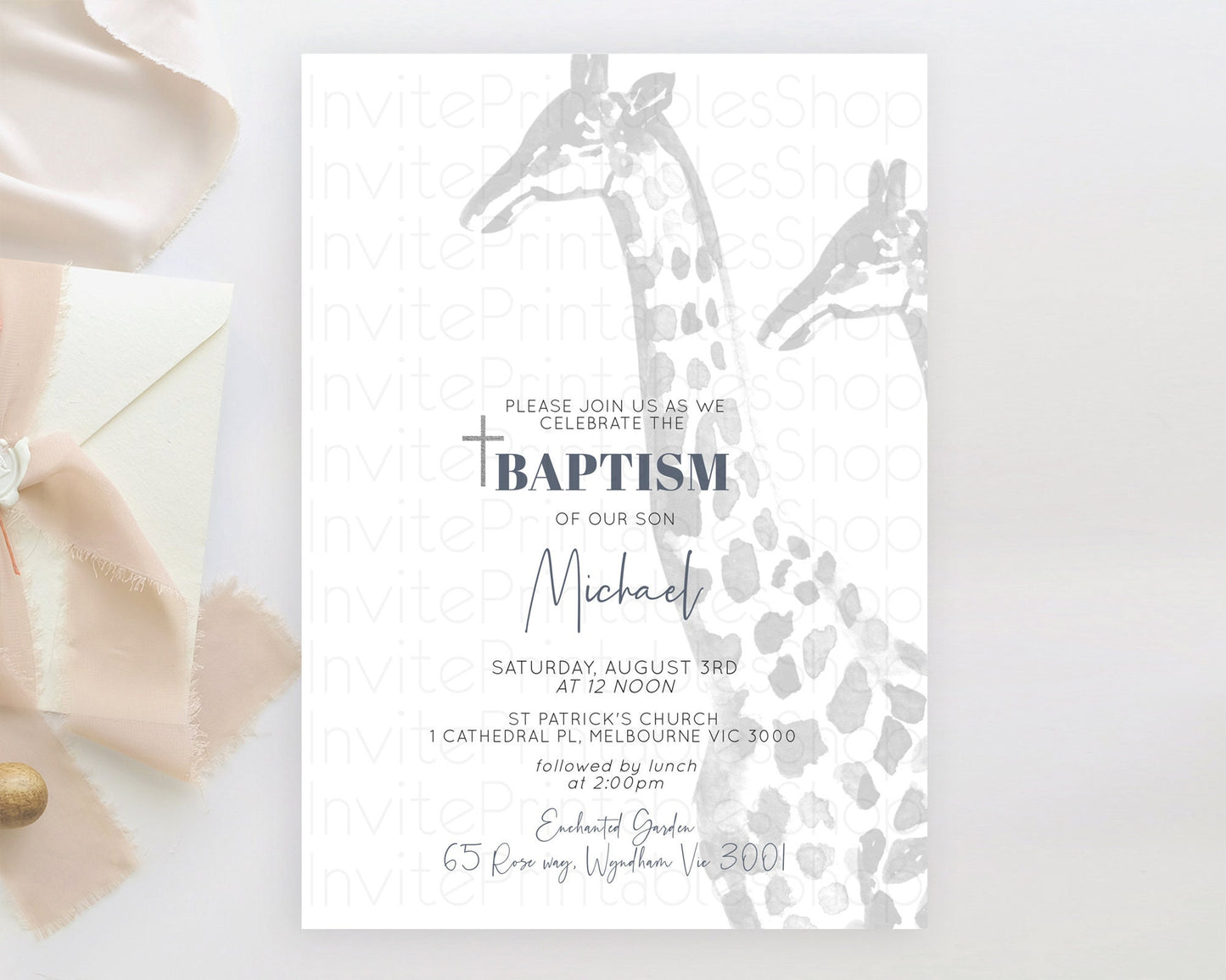 Giraffe Baptism Invitation Giraffe Baptism 1st Birthday Invitation Watercolor Wild Safari Giraffe Zoo Animal Christening Invitation D10306