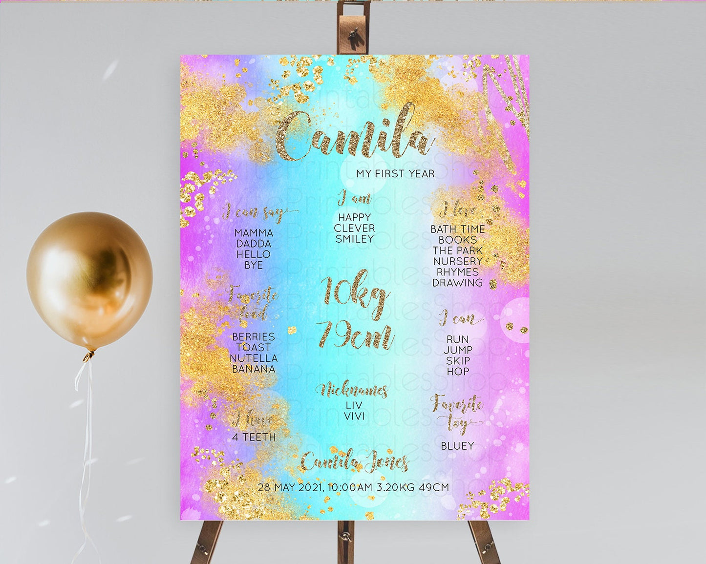 Pastel First Birthday Milestone Board Pastel Rainbow Milestone Poster Colorful Confetti Watercolor Glitter 1st Birthday Welcome Sign D10564