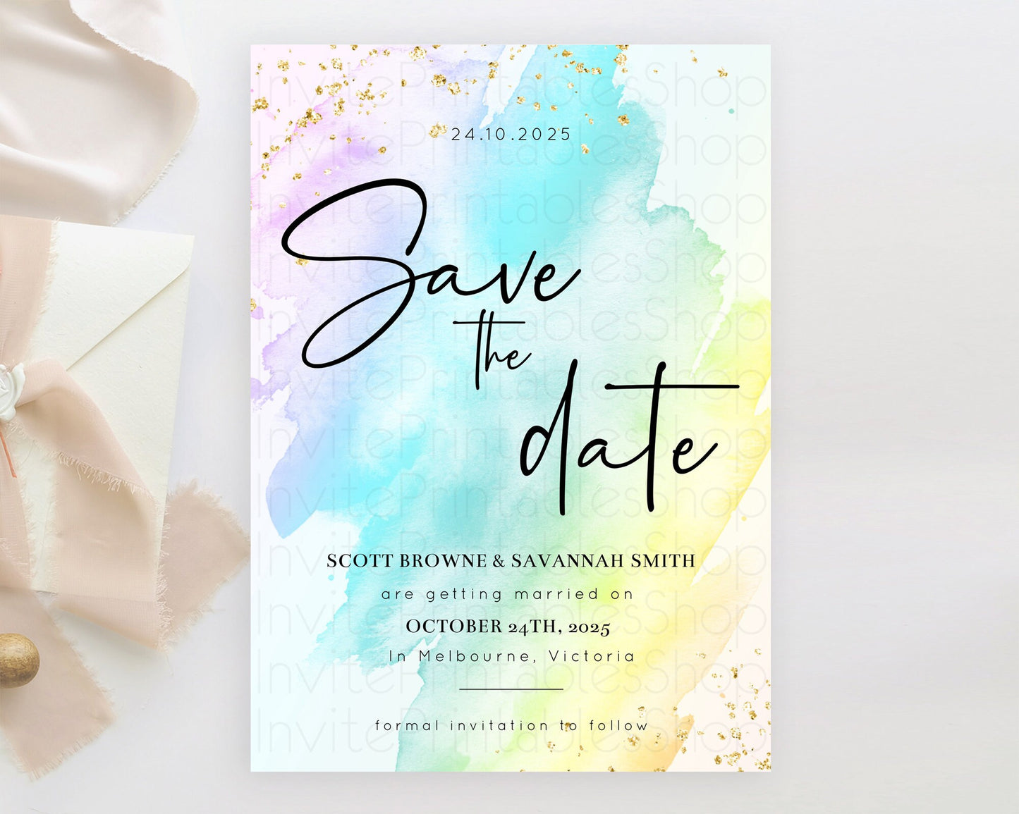 Pastel Save The Date Template Pastel Ombre Rainbow Watercolor Colorful Party For Birthday Baptism Baby Shower Wedding Bridal Shower D10171