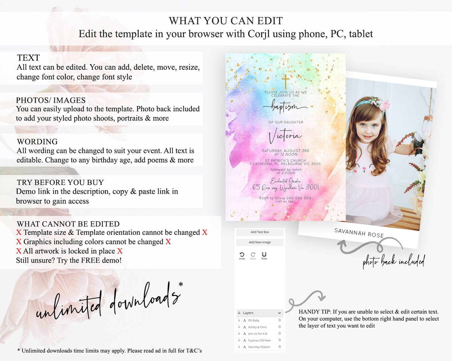 Pastel Baptism Invitation Pastel Colors Watercolor Baptism 1st Birthday Party Gold Ombre Pastel Rainbow Christening Holy Communion D10449