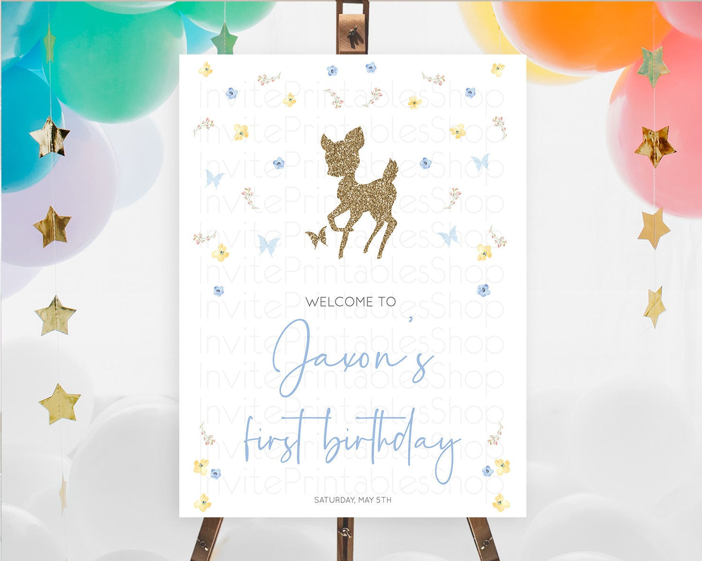 Fawn Welcome Sign Deer Welcome Board Floral Deer Welcome Poster Enchanted Forest Butterfly Pastel Floral First Birthday Welcome Sign D10360