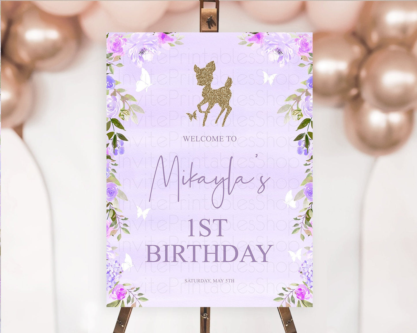 Fawn Welcome Sign Deer Welcome Board Floral Deer Welcome Poster Enchanted Forest Butterfly Pastel Floral First Birthday Welcome Sign D10963