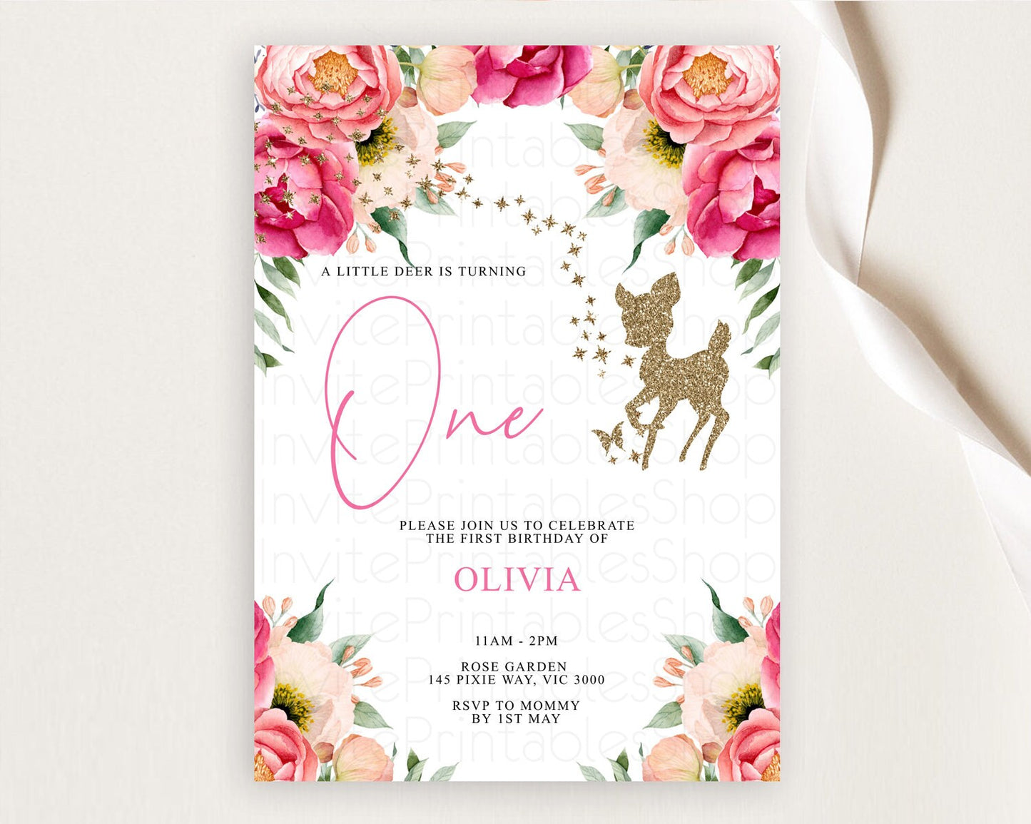 Fawn Birthday Invitation Deer Birthday Invitation Enchanted Forest Party Butterfly Pastel Flowers Whimsical 2nd 1st First Birthday D10326