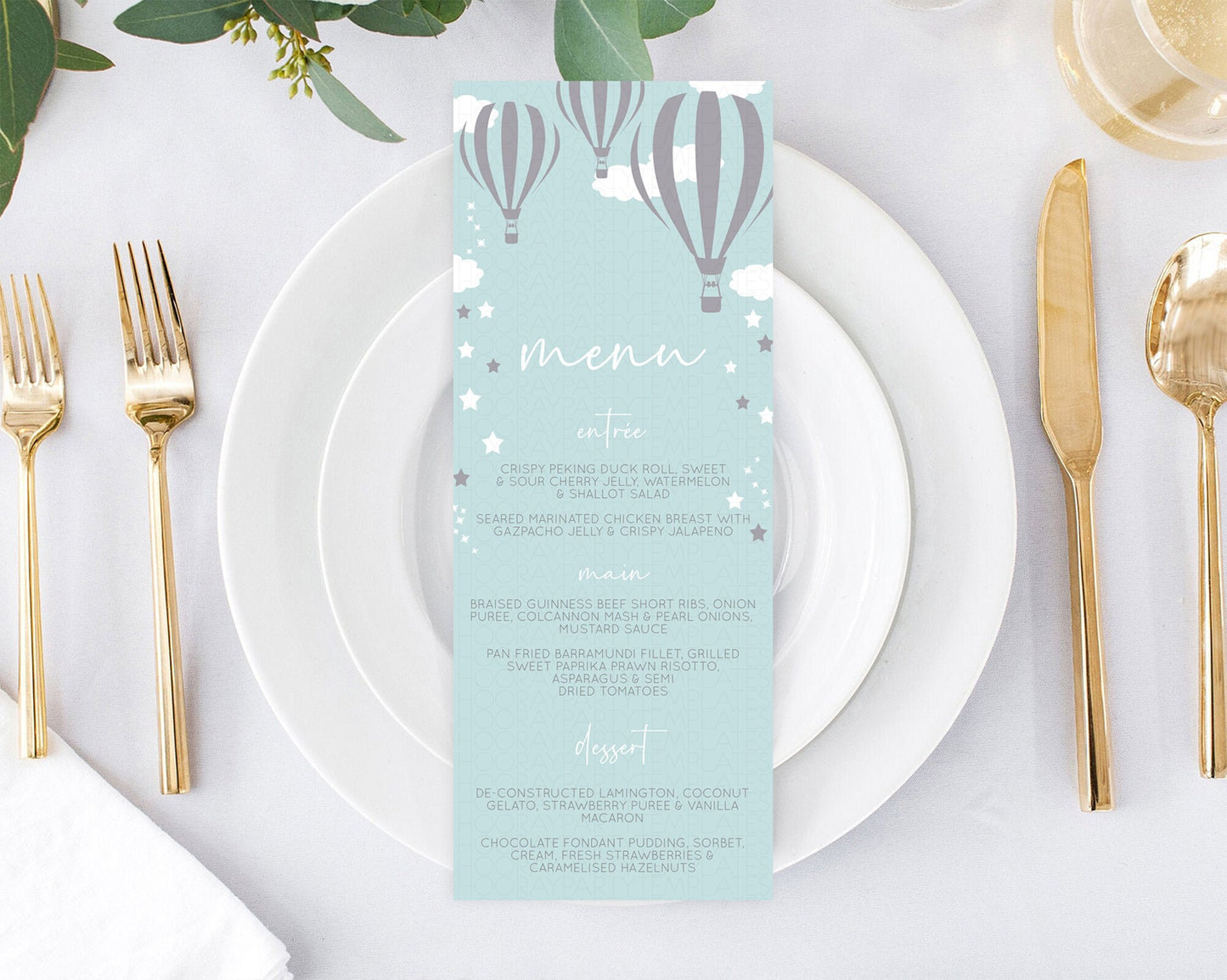 Hot Air Balloon Menu Hot Air Balloon Menu Template Hot Air Balloon Table Decor Adventure Awaits Dinner Dessert Party Food Menu D10324