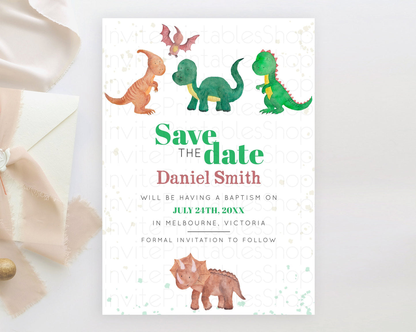 Dinosaur Save The Date Template Dinosaur Volcano Watercolor Volcano T-Rex Raptor Jurassic Party 1st Birthday Baptism Baby Shower D10153