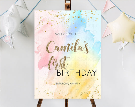 Pastel Welcome Sign Pastel Rainbow Welcome Sign Colorful Rainbow Confetti Watercolor Glitter Pastel First Birthday Welcome Sign D10556