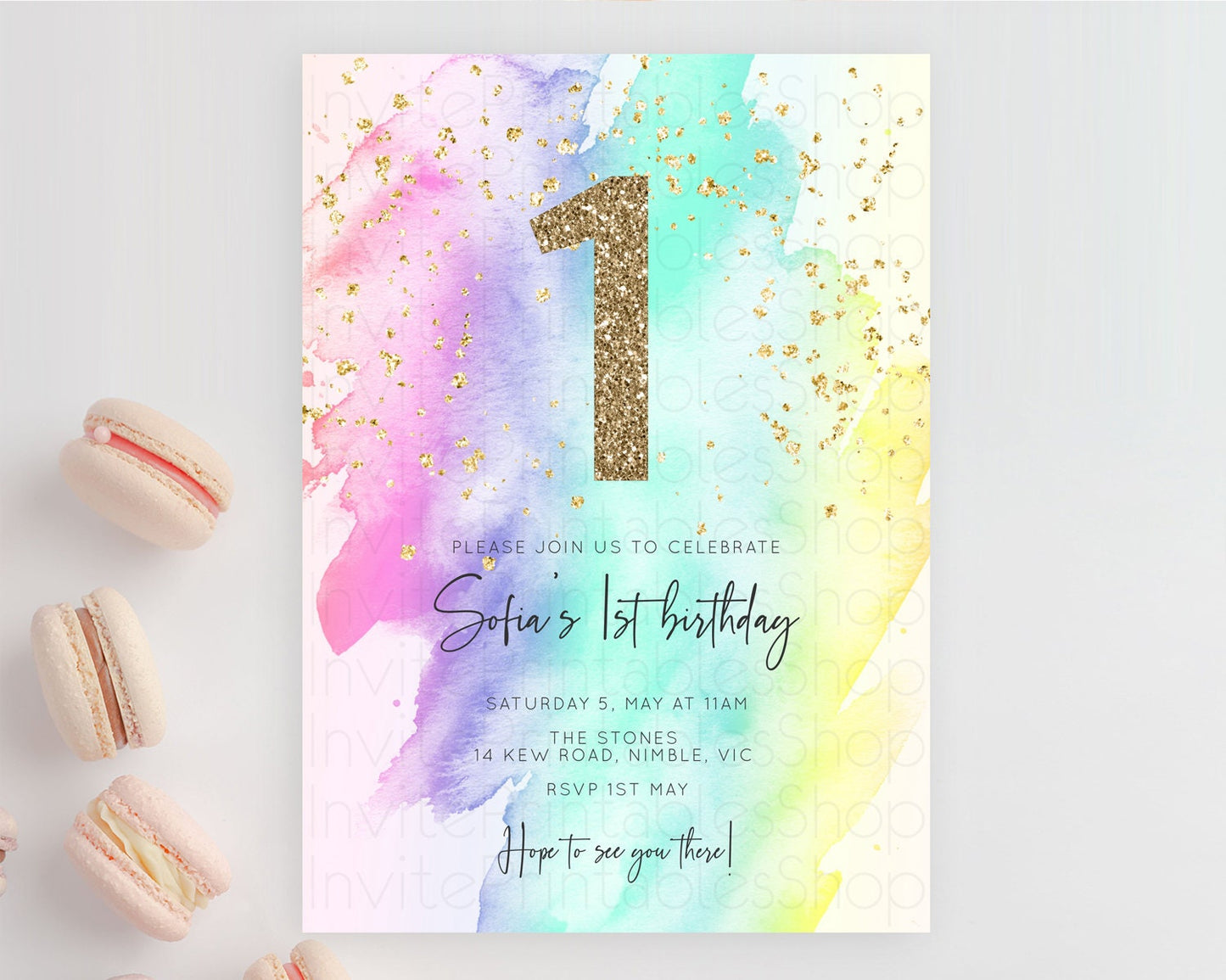Rainbow Birthday Invitation Colorful Pastel Watercolor Invitation Gold Glitter Sprinkles Ombre Pastel 1st 2nd 3rd Birthday D10231