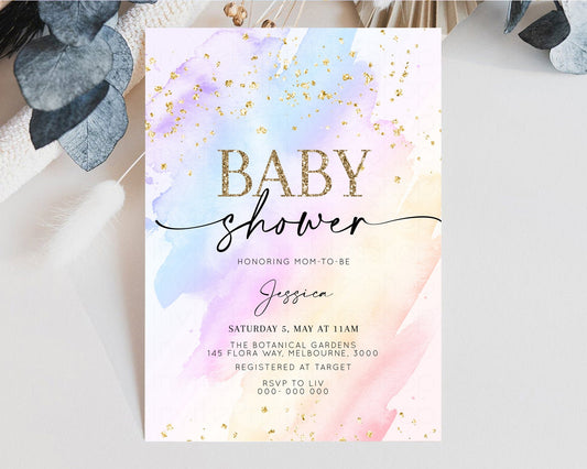 Rainbow Baby Shower Invitation Pastel Baby Shower Invitation Watercolor Ombre Invitation Rainbow Pastel Colors Invite Glitter Confetti t600