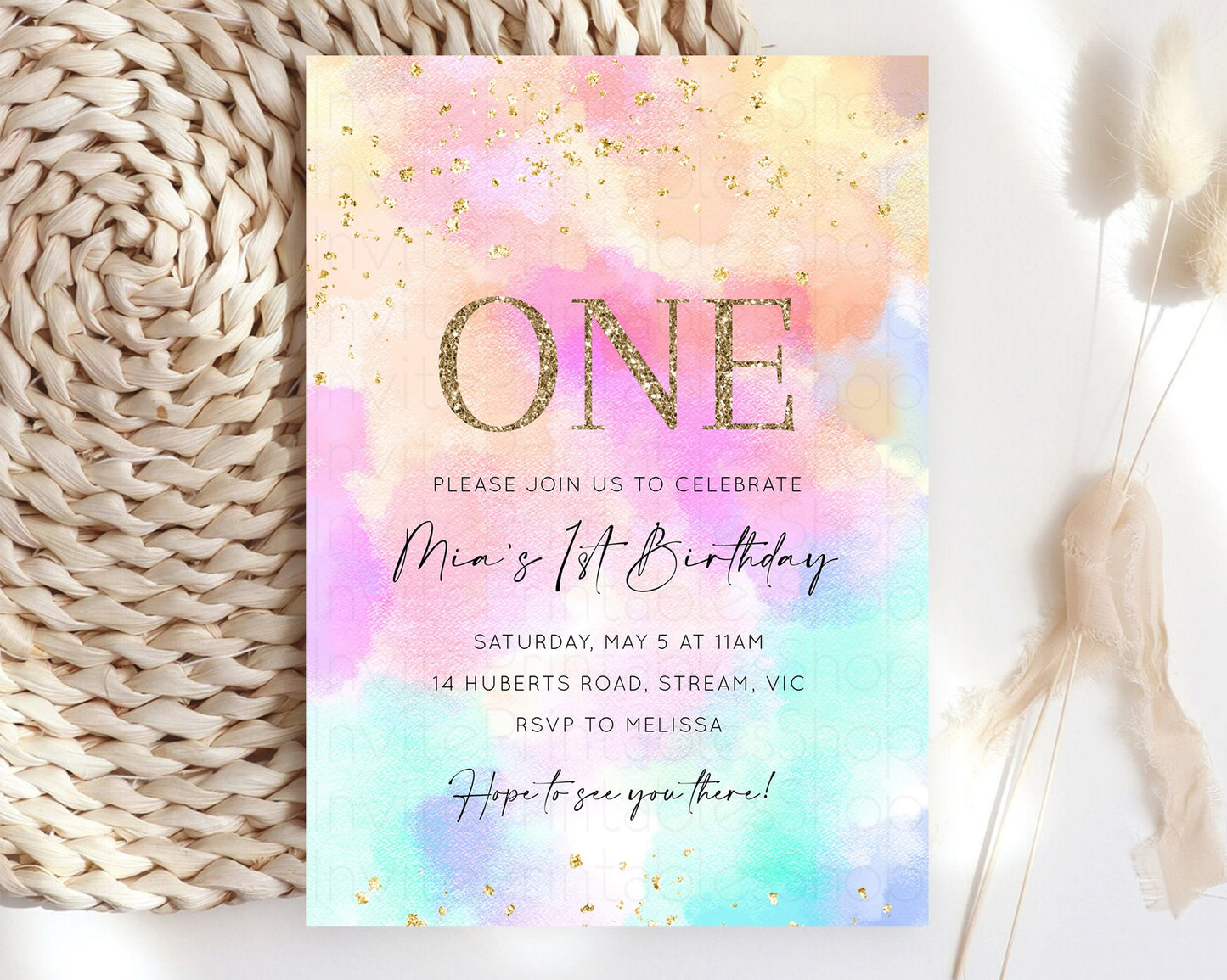 Rainbow Birthday Invitation Pastel Birthday Invite Ombre Watercolor Invite Enchanted Theme Colorful Splash Glitter Sprinkles 1st 2nd 3rd