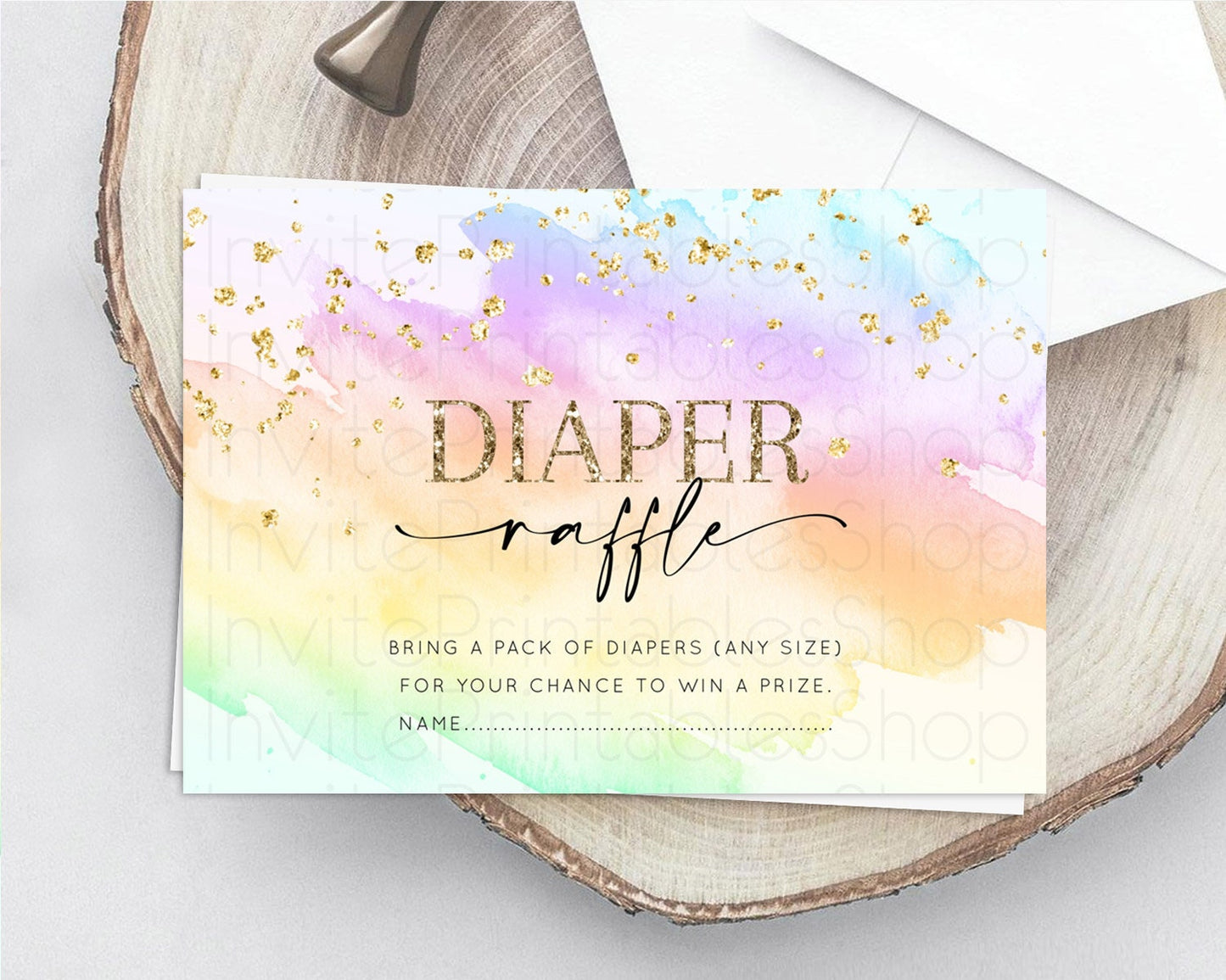 Pastel Diaper Raffle Card Pastel Rainbow Diaper Raffle Insert Colorful Ombre Watercolor Diaper Ticket Confetti Glitter Raffle Game D10645