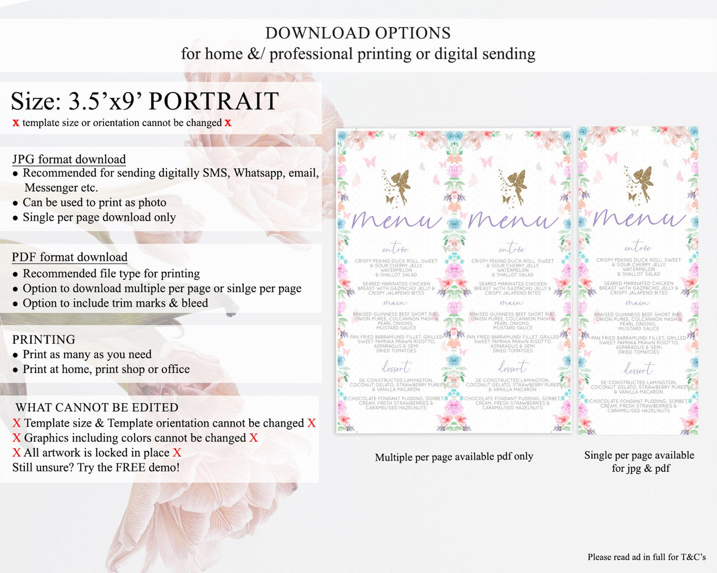 Fairy Menu Fairy Menu Template Enchanted Garden Pastel Floral Butterfly Table Décor Fairy Secret Garden Dinner Dessert Food Menu D10126