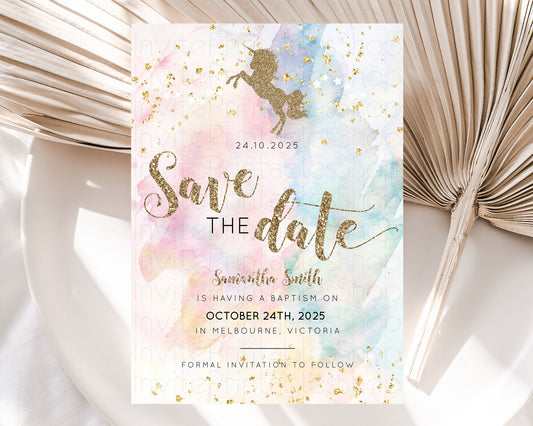 Unicorn Rainbow Save The Date Template Pastel Unicorn Party Magical Pastel Ombre Watercolor Unicorn 1st Birthday Baptism Baby Shower D10953