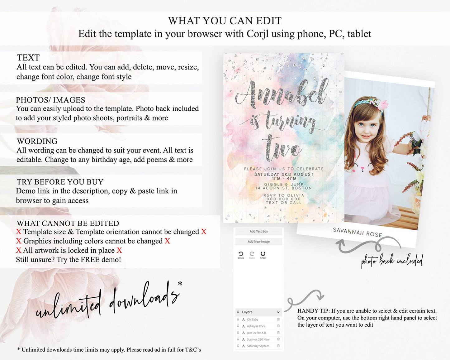 Rainbow Birthday Invitation Colorful Pastel Watercolor Silver Glitter Sprinkles Ombre Pastel Invitation 1st 2nd 3rd First Birthday D10944