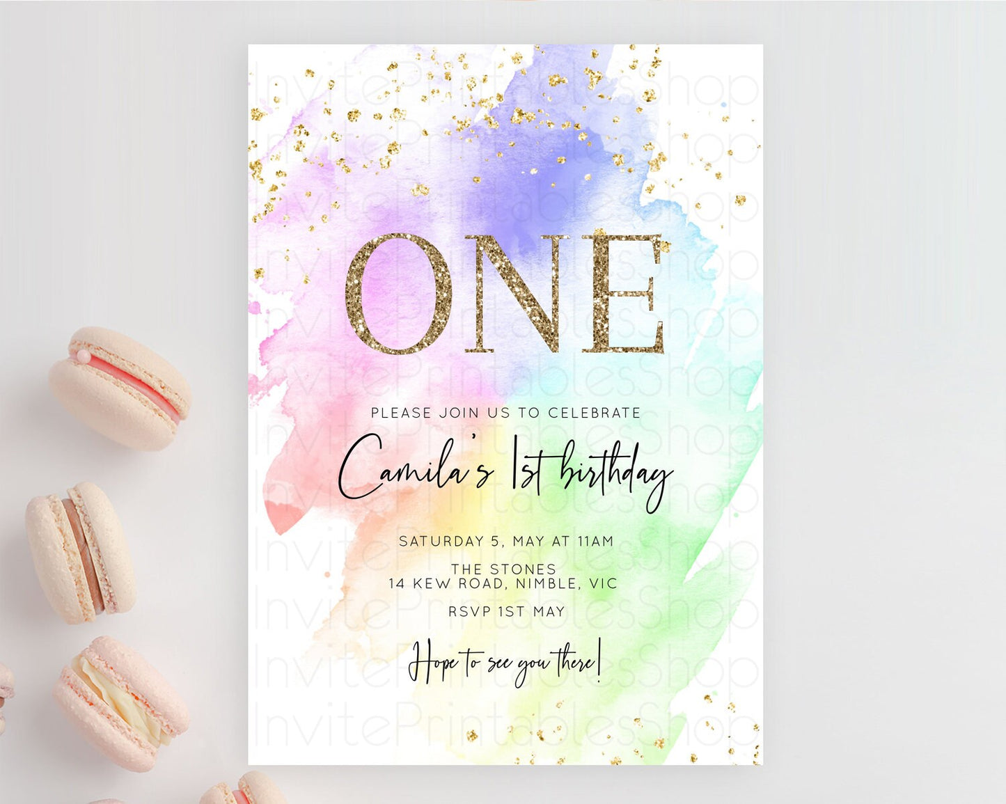 Editable Rainbow Birthday Invitation Colorful Pastel Watercolor Invitation G