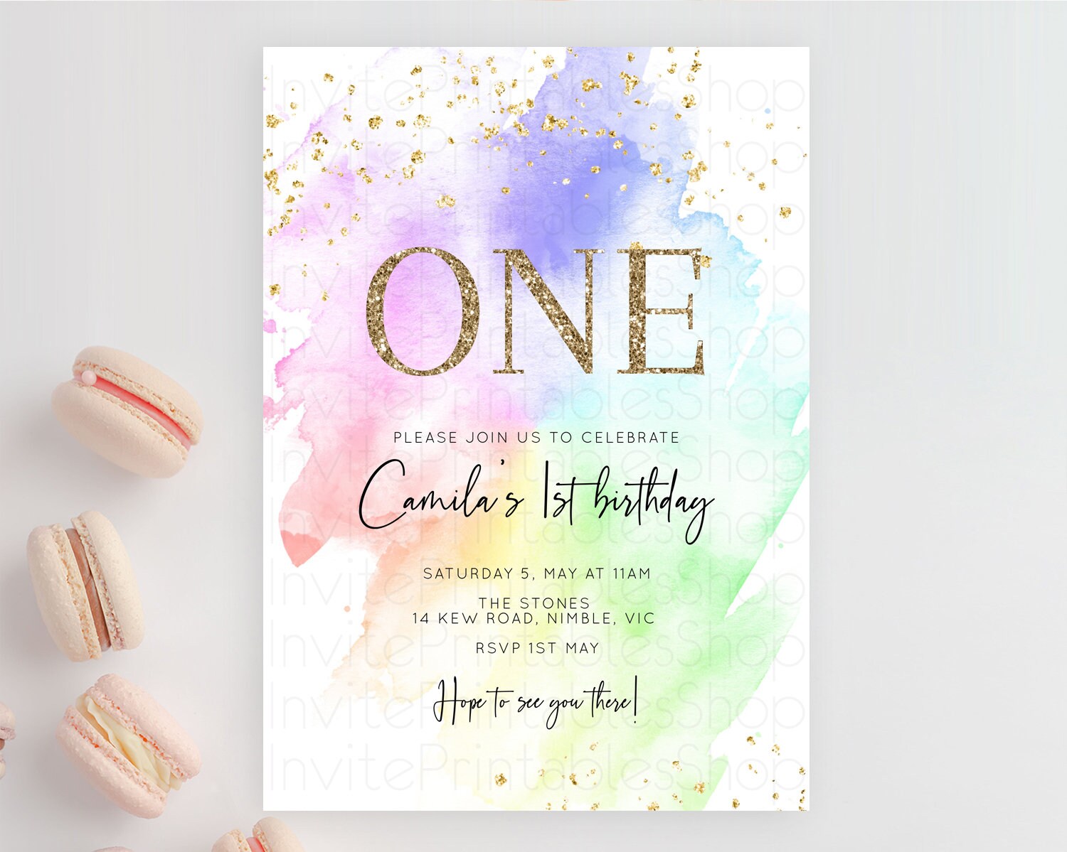 Editable Rainbow Birthday Invitation Colorful Pastel Watercolor Invitation G