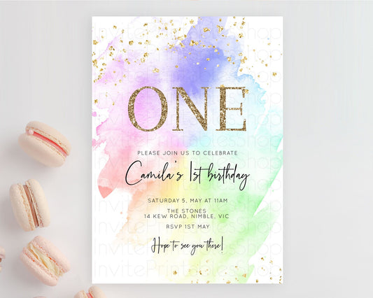 Editable Rainbow Birthday Invitation Colorful Pastel Watercolor Invitation G