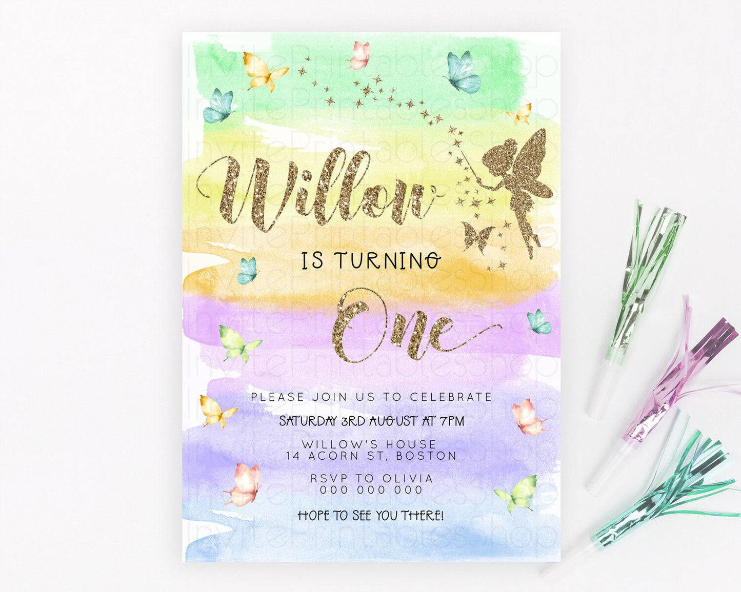 Pastel Fairy Birthday Invitation Pastel Butterflies Fairy Birthday Invitation Rainbow Ombre Watercolor 1st 2nd Birthday Invitation D23322