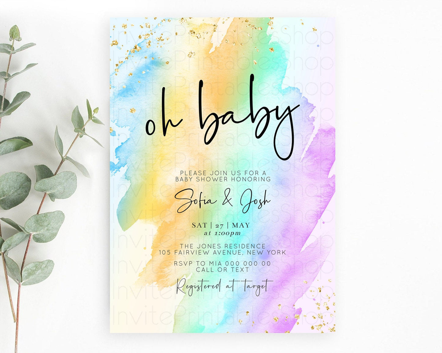 Pastel Baby Shower Invitation Rainbow Baby Shower Invitation Colorful Pastel Watercolor Invitation Gold Glitter Sprinkles Ombre D10427