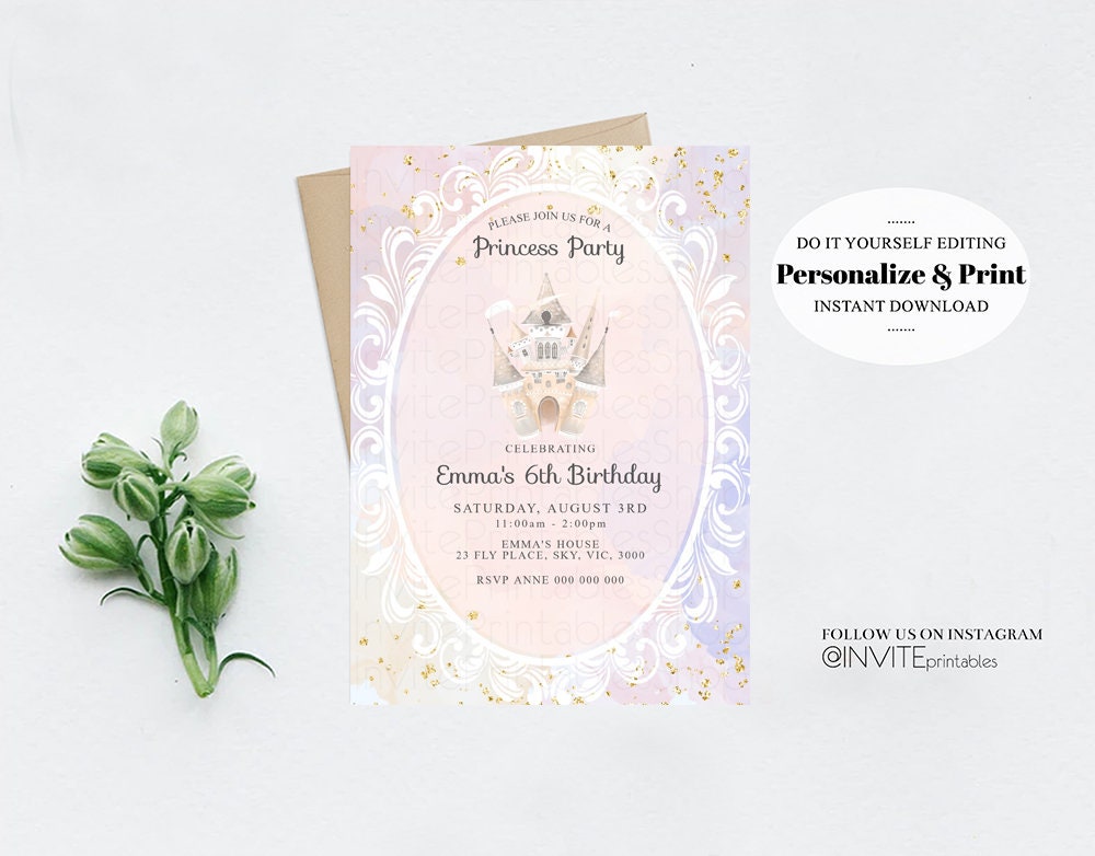 Princess Birthday Invitation Enchanted Castle Invite Royal Celebration Watercolor Mirror Mirror Gold Foil Glitter Purple Editable