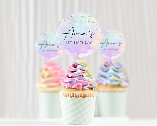 Editable Rainbow Cupcake Toppers Pastel Cupcake Toppers Colorful Pastel Wate