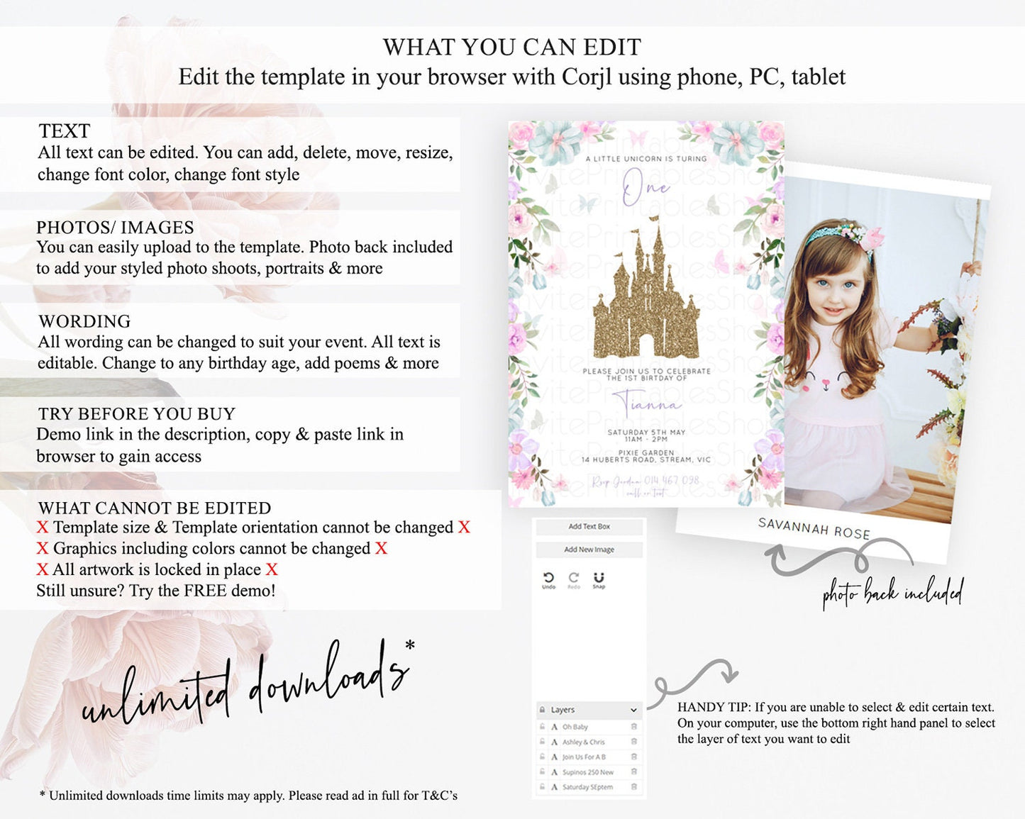 Princess Birthday Invitation Castle Invitation Royal Birthday Fairy Tale Enchanted Castle Pastel Floral Garden 1st First Birthday D10470