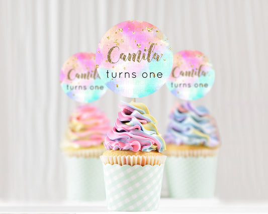 Editable Rainbow Cupcake Toppers Pastel Cupcake Toppers Colorful Pastel Wate