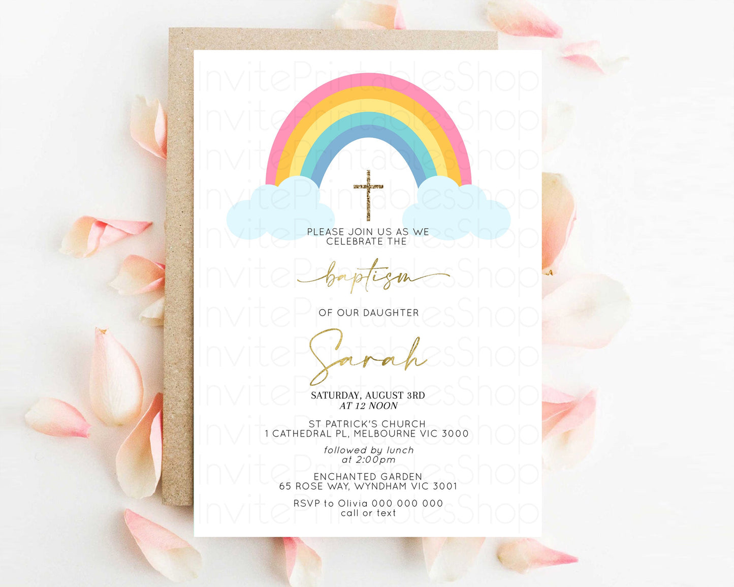 Pastel Baptism Invitation Rainbow Christening Invitation Holy Communion Invite Baptism 1st Birthday Sprinkles Ombre Watercolor Splash