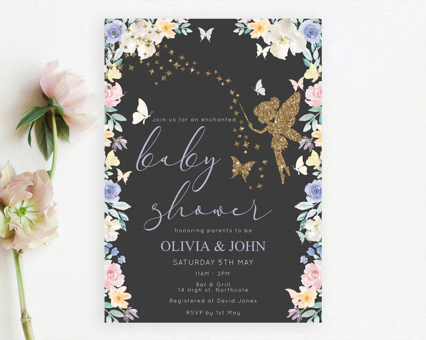 Fairy Baby Shower Invitation Pastel Fairy Invites Fairy Tea Party Fairy Garden Theme Secret Garden Enchanted Garden Floral Butterfly D10881