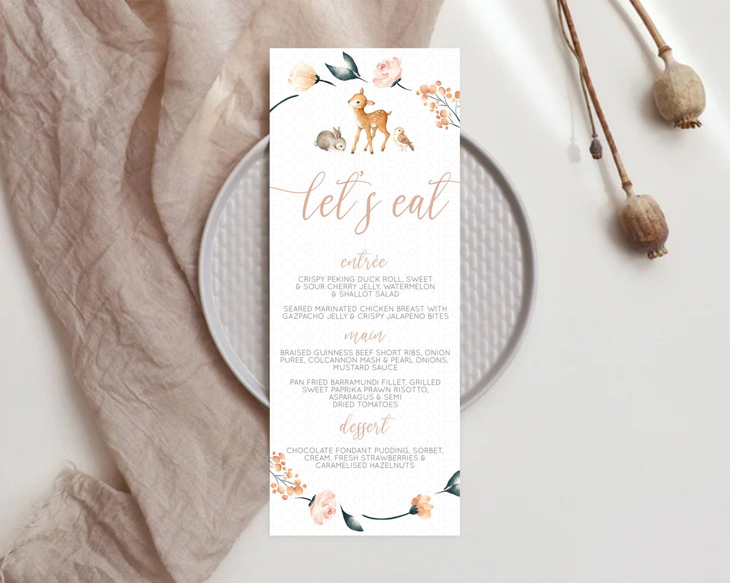 Fawn Menu Deer Menu Template Pastel Floral Deer Table Decor Enchanted Forest Butterfly Floral Dinner Dessert Menu Party Food Menu D10241