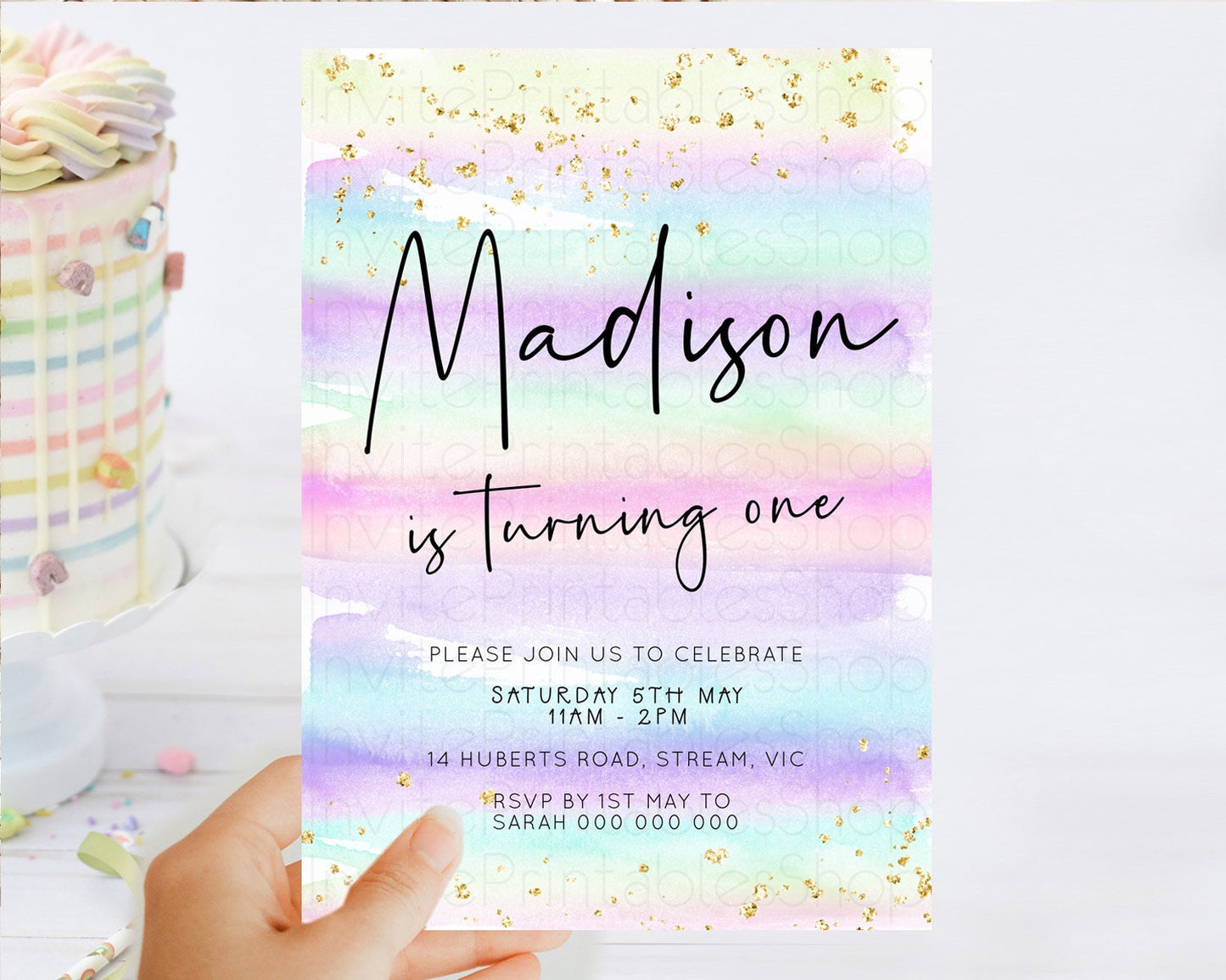 Pastel Birthday Invitation Ombre Watercolor Birthday Invitation Glitter Rainbow Color Splash 1st 2nd 3rd Birthday Invitation D23032