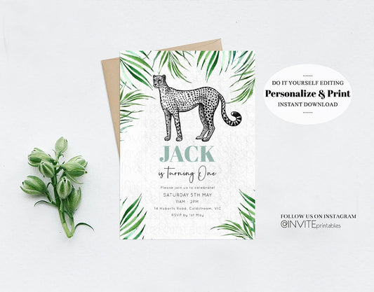 Cheetah Birthday Invitation Watercolor Cheetah Invite Tropical Palms Jungle Safari Adventure Zoo Party Wild Party Animal 287