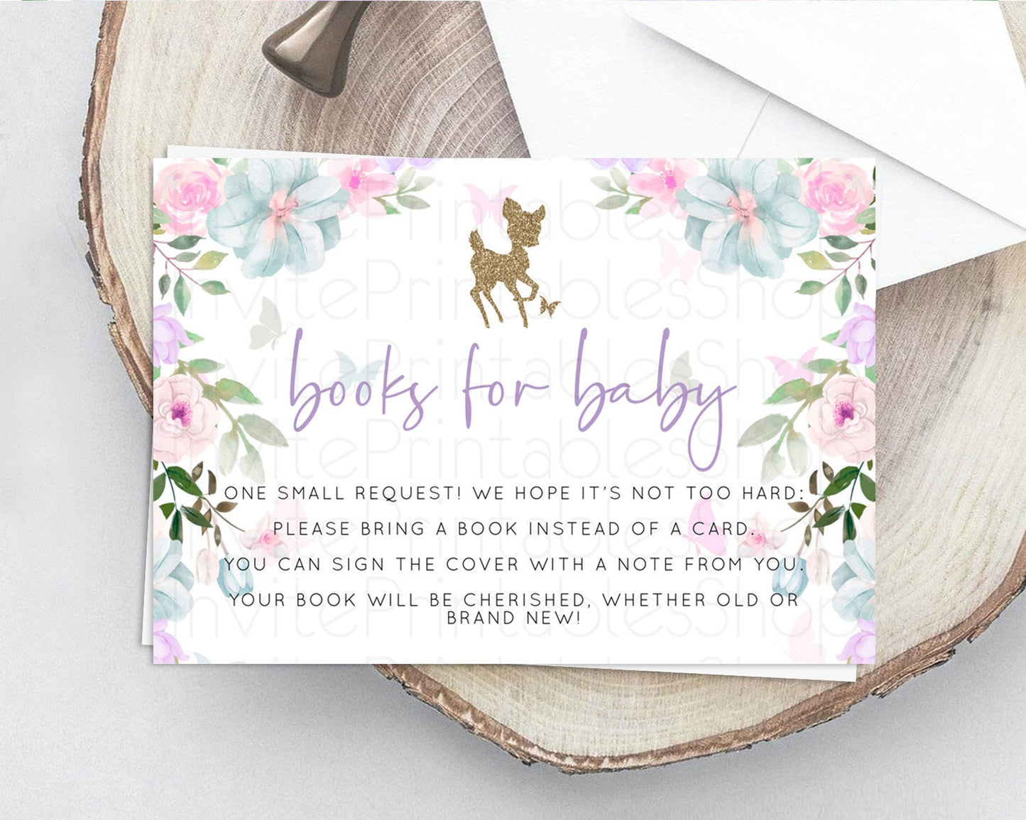 Fawn Books For Baby Card Deer Book Insert Floral Deer Book Card Enchanted Forest Butterfly Pastel Baby Shower Book Poem Request D10476