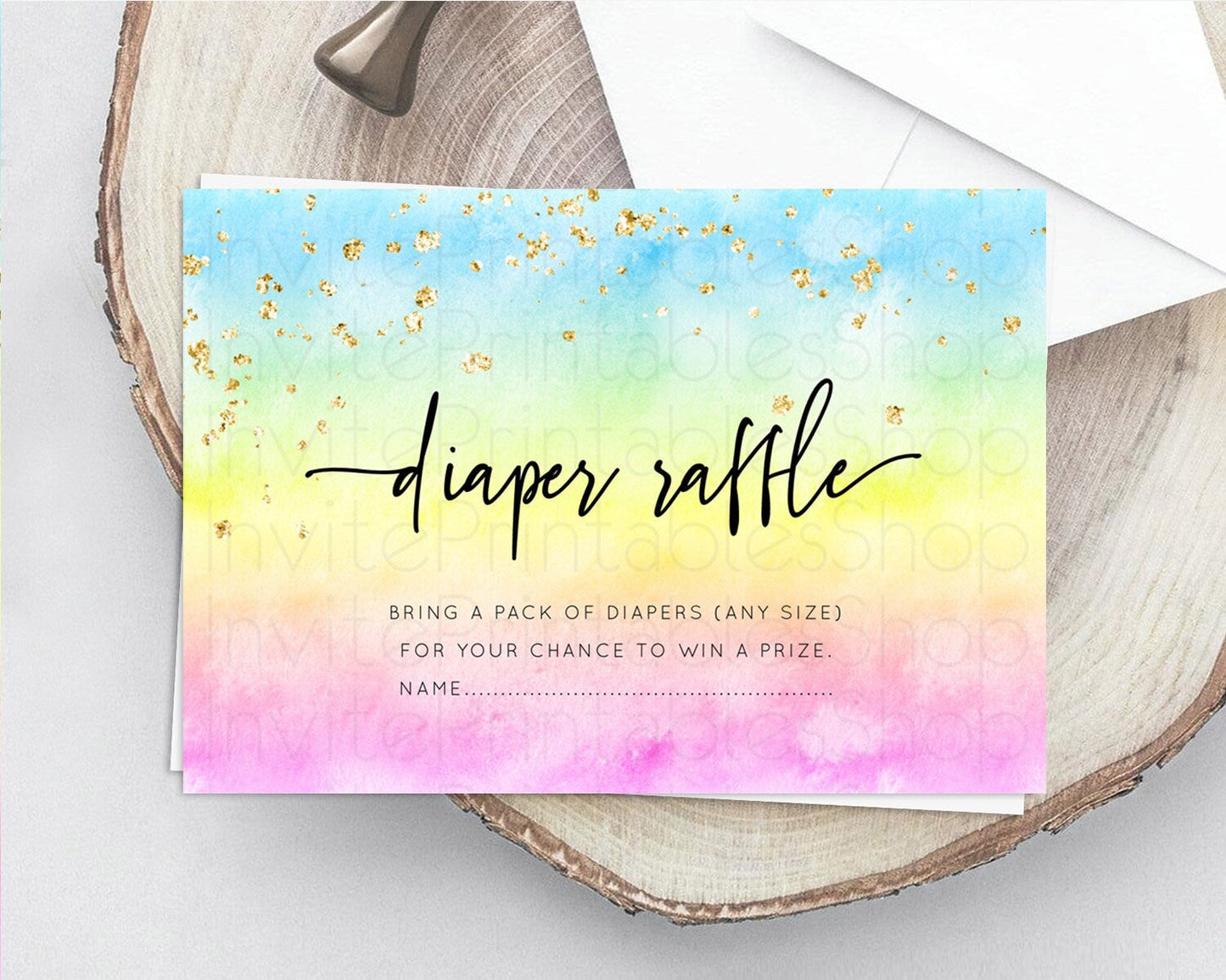 Pastel Diaper Raffle Card Pastel Rainbow Diaper Raffle Insert Colorful Ombre Watercolor Diaper Ticket Confetti Glitter Raffle Game D10480