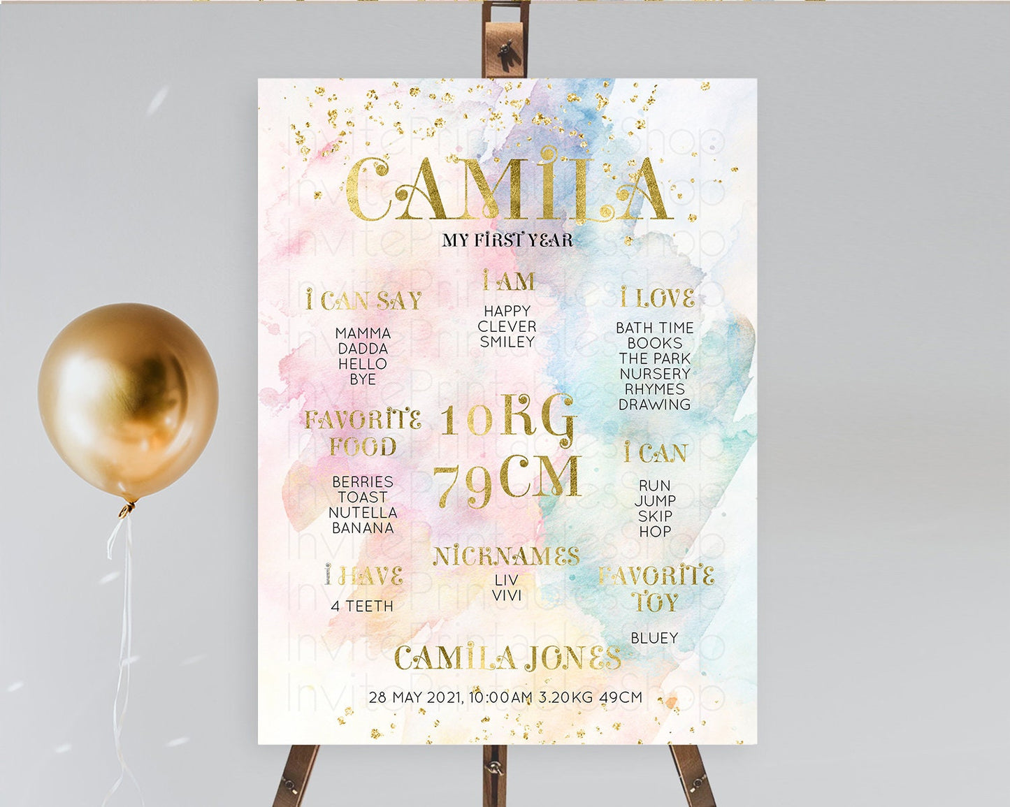 Pastel First Birthday Milestone Board Pastel Rainbow Milestone Poster Colorful Confetti Watercolor Glitter 1st Birthday Welcome Sign D10835