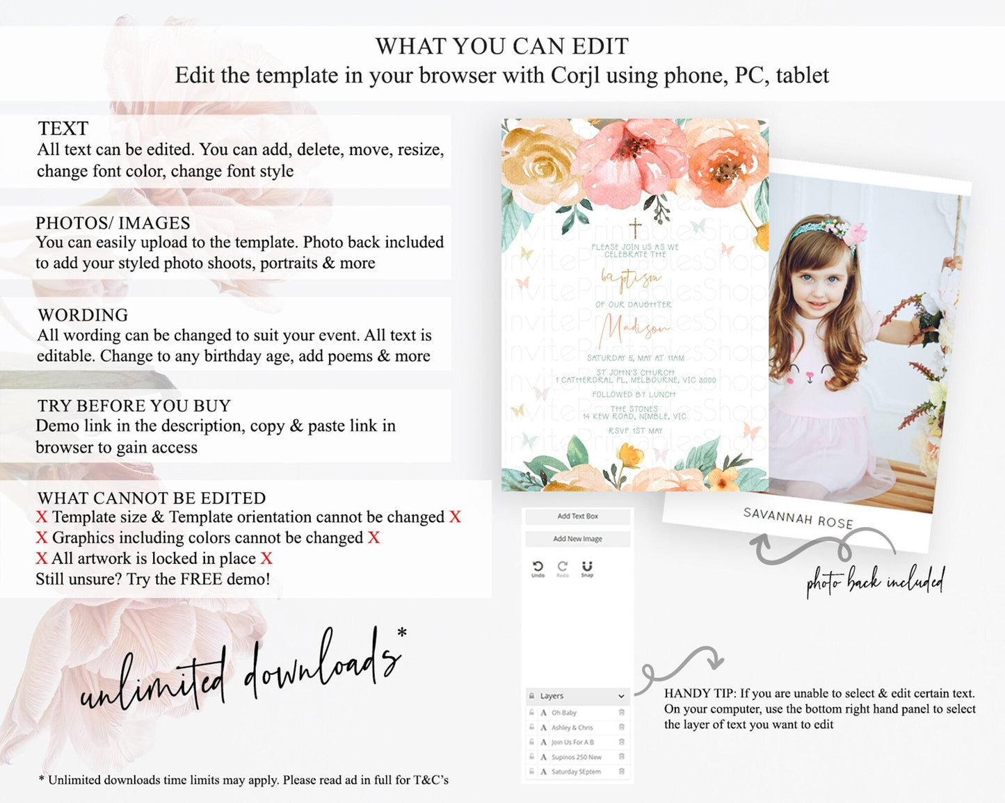 Secret Garden Baptism Invitation Wildflower Baptism Birthday Invite Pastel Flowers Christening Invite Enchanted Garden Boho Floral D10347