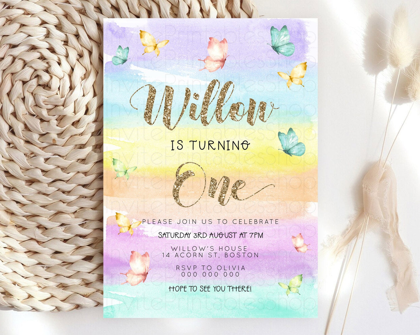 Pastel Butterfly Birthday Invitation Butterfly Birthday Invitation Colorful Splash Glitter Butterfly Garden 1st 2nd Birthday D23221