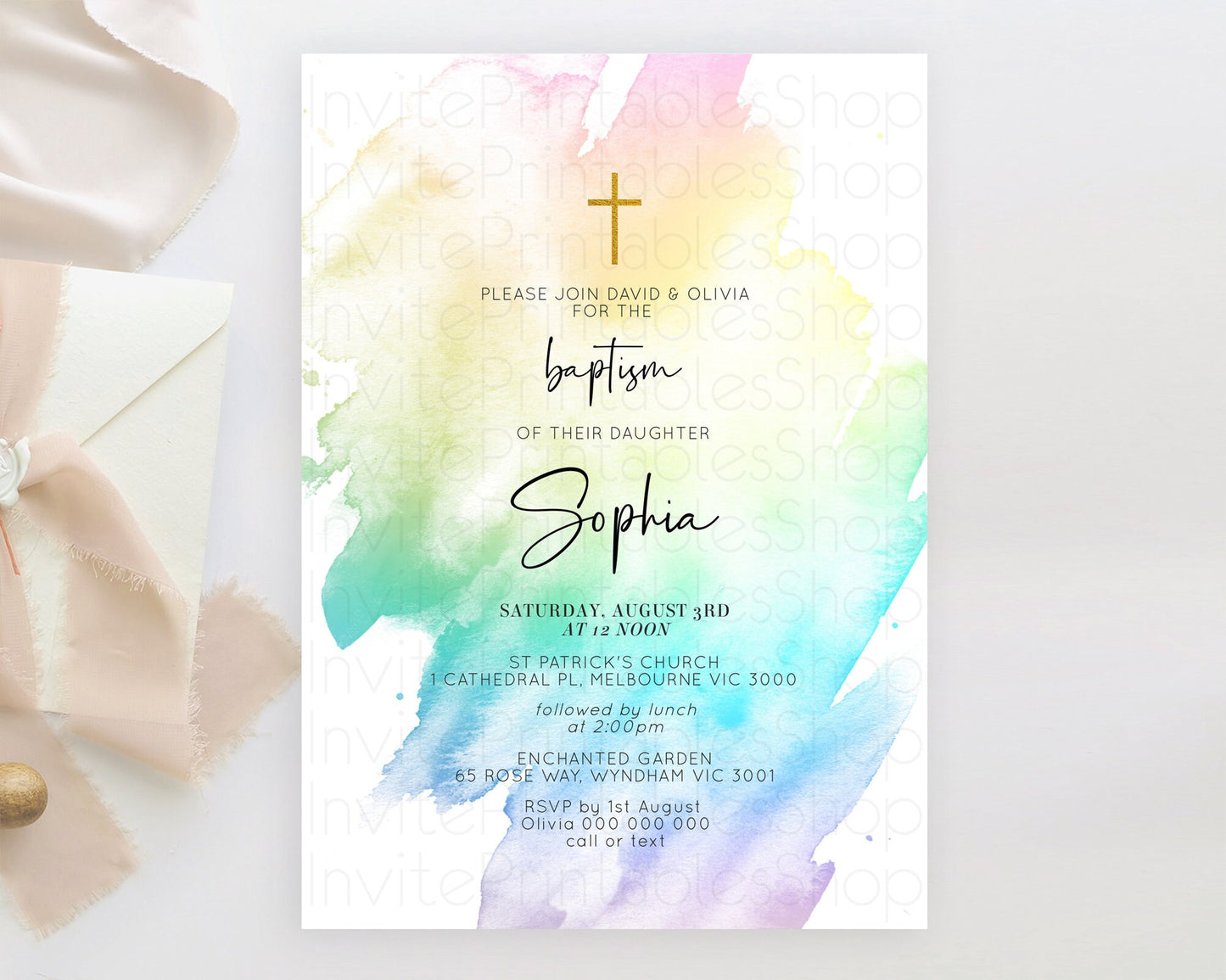 Pastel Baptism Invitation Pastel Colors Watercolor Baptism 1st Birthday Party Gold Ombre Pastel Rainbow Christening Holy Communion D10279