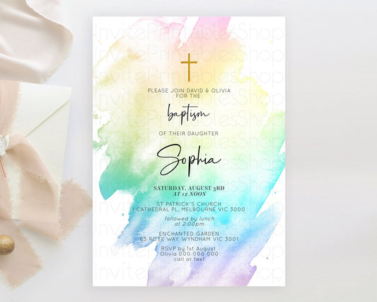 Pastel Baptism Invitation Pastel Colors Watercolor Baptism 1st Birthday Party Gold Ombre Pastel Rainbow Christening Holy Communion D10279