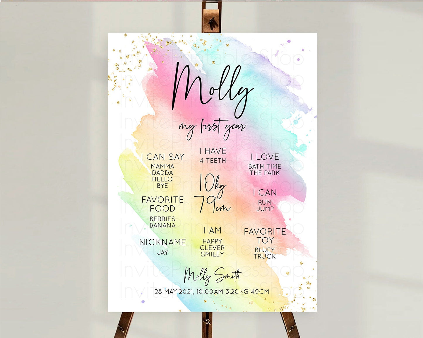 Pastel First Birthday Milestone Board Pastel Rainbow Milestone Poster Colorful Confetti Watercolor Glitter 1st Birthday Welcome Sign D10495