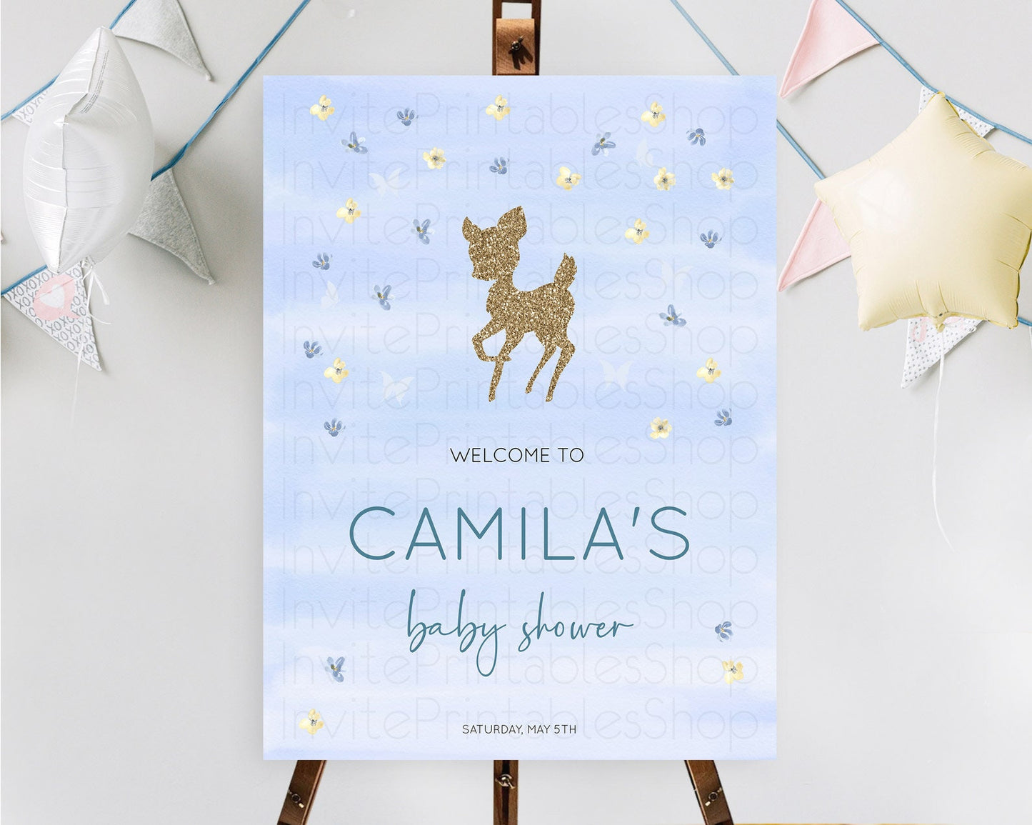 Fawn Baby Shower Welcome Sign Deer Welcome Board Floral Deer Welcome Poster Enchanted Forest Butterfly Pastel Floral Welcome Sign D10863