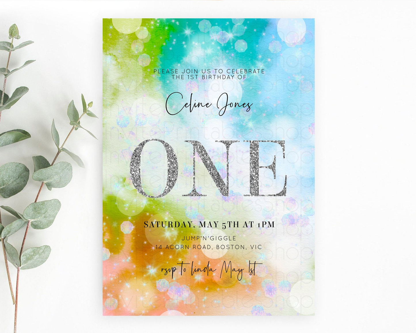 Rainbow Birthday Invitation Colorful Pastel Watercolor Silver Glitter Sprinkles Ombre Pastel Invitation 1st 2nd 3rd First Birthday D10692