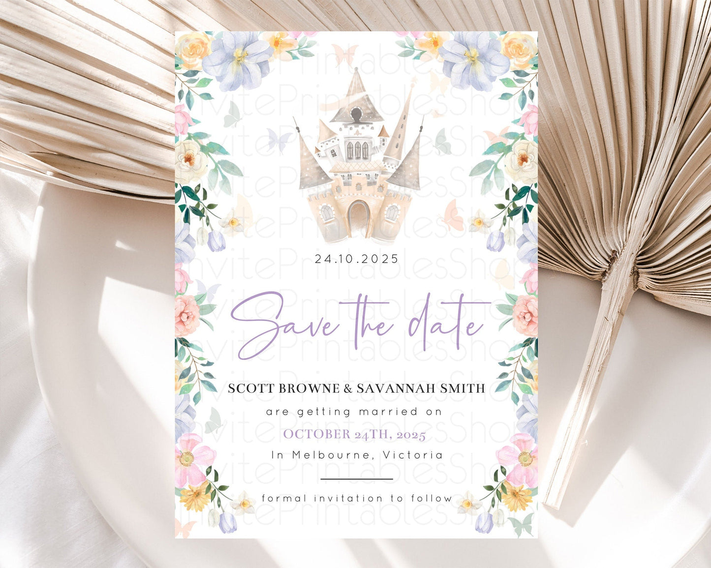 Princess Save The Date Template Secret Garden Enchanted Castle Pastel Floral Royal Party For 1st Birthday Baptism Baby Shower D10473