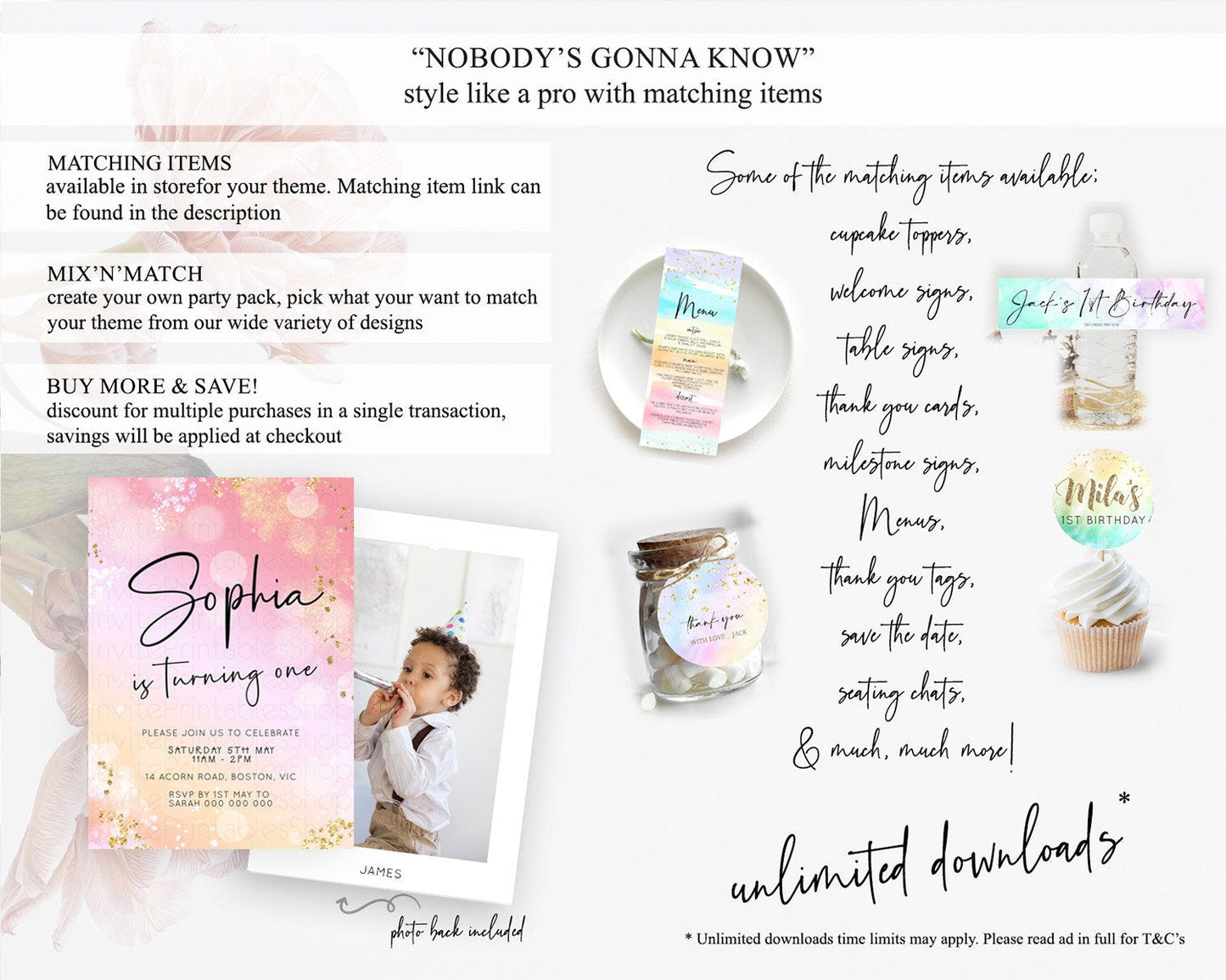 Pink Birthday Invitation pink Watercolor Invitation Pastel pink Watercolor Invitation pink Splash Gold Invitation 1st First Birthday D23095