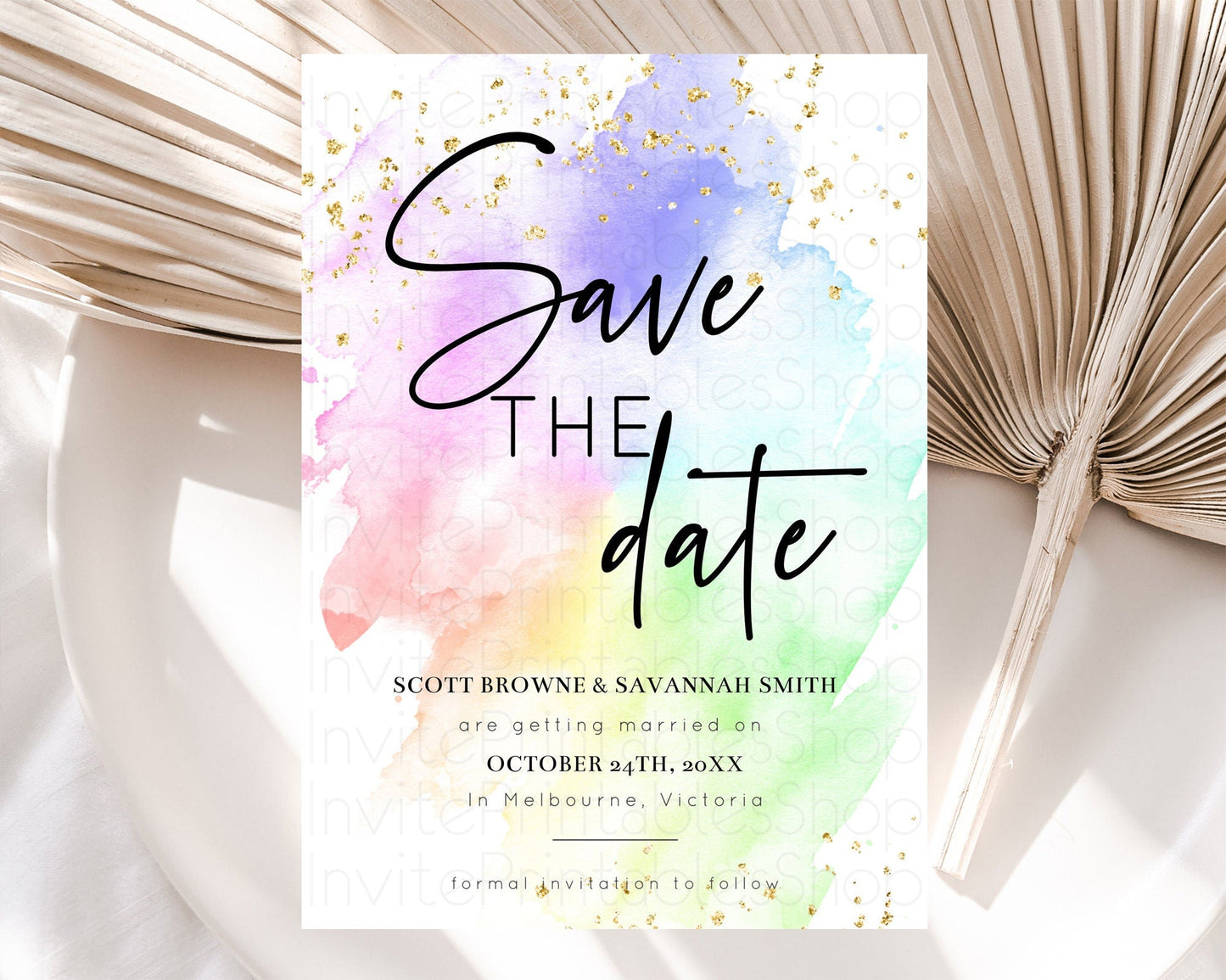 Pastel Save The Date Template Pastel Ombre Rainbow Watercolor Colorful Party For Birthday Baptism Baby Shower Wedding Bridal Shower D10316