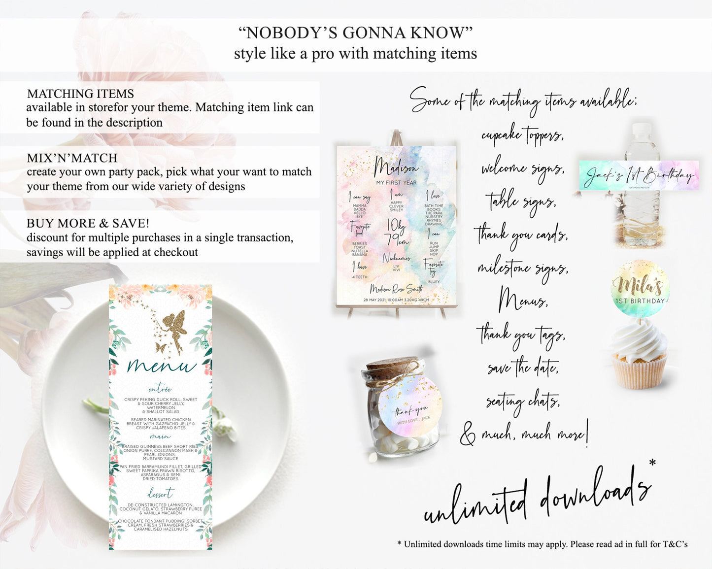 Fairy Menu Fairy Menu Template Enchanted Garden Pastel Floral Butterfly Table Décor Fairy Secret Garden Dinner Dessert Food Menu D10239