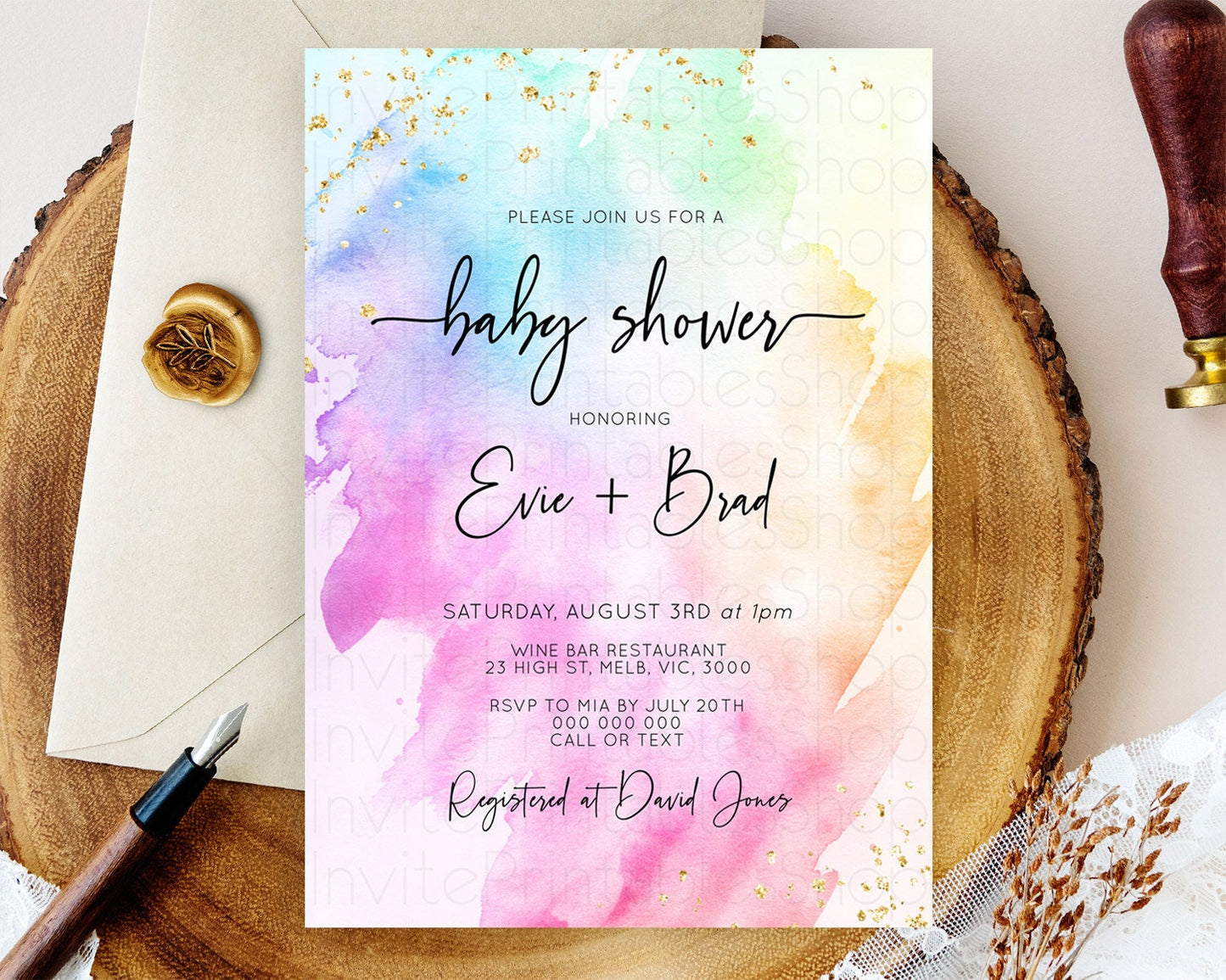 Pastel Baby Shower Invitation Rainbow Baby Shower Invitation Colorful Pastel Watercolor Invitation Gold Glitter Sprinkles Ombre D10449