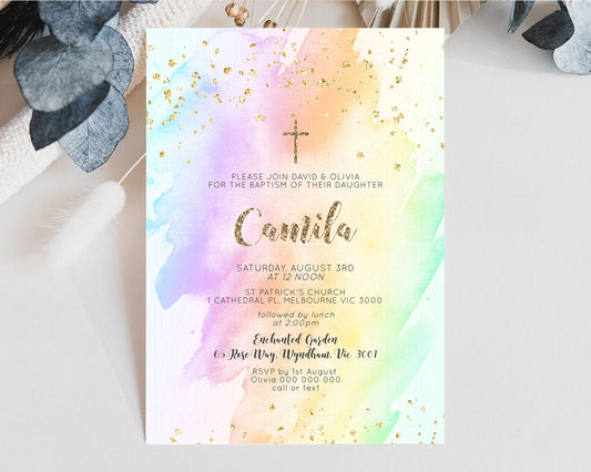 Rainbow Baptism Invitation Pastel Christening Invitation Holy Communion Invitation Glitter Watercolor Splash Invitation Colorful Invite 602