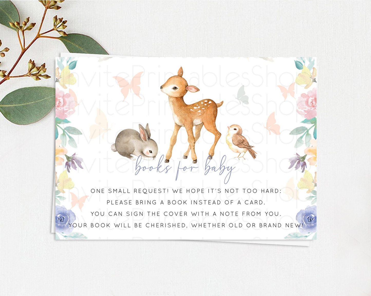 Fawn Books For Baby Card Deer Book Insert Floral Deer Book Card Enchanted Forest Butterfly Pastel Baby Shower Book Poem Request D10930