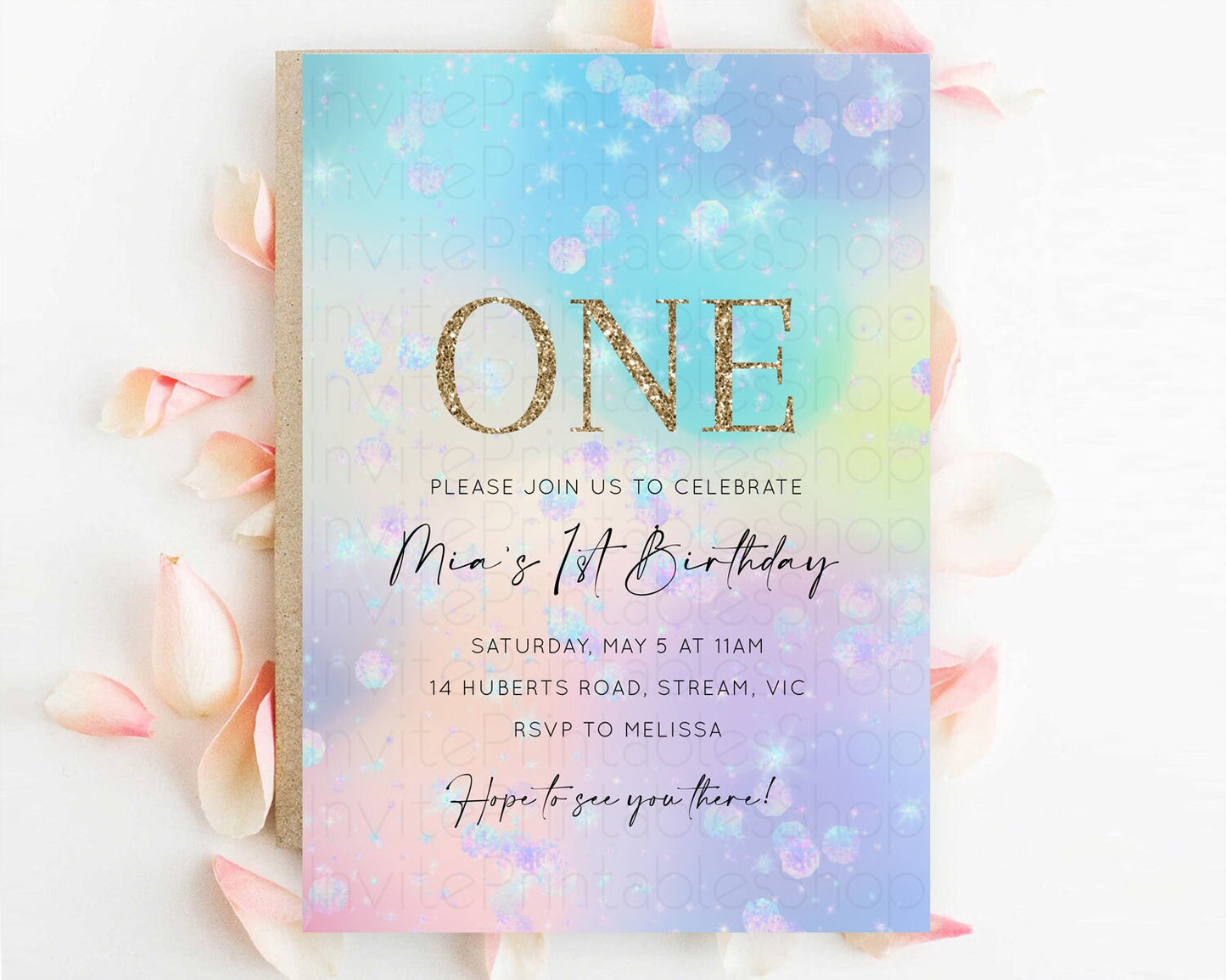 Rainbow Birthday Invitation Colorful Pastel Watercolor Invitation Gold Glitter Sprinkles Ombre Pastel 1st 2nd 3rd Birthday D10665