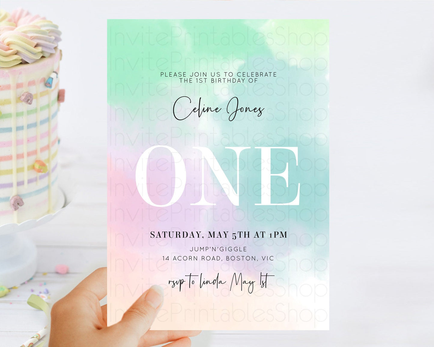 Rainbow Birthday Invitation Colorful Pastel Watercolor Invitation Gold Glitter Sprinkles Ombre Pastel 1st 2nd 3rd Birthday D10375